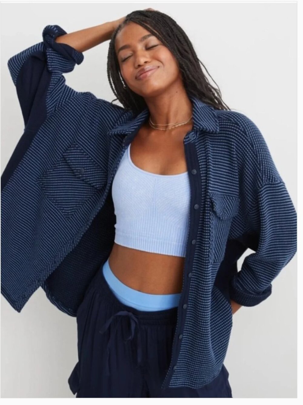 Aerie LumberJane Waffle Button Down Long Sleeve Shirt Blue Size XS